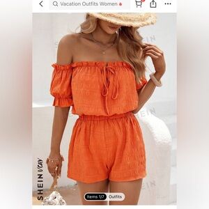2  piece orange set off the shoulder top, high waisted short
